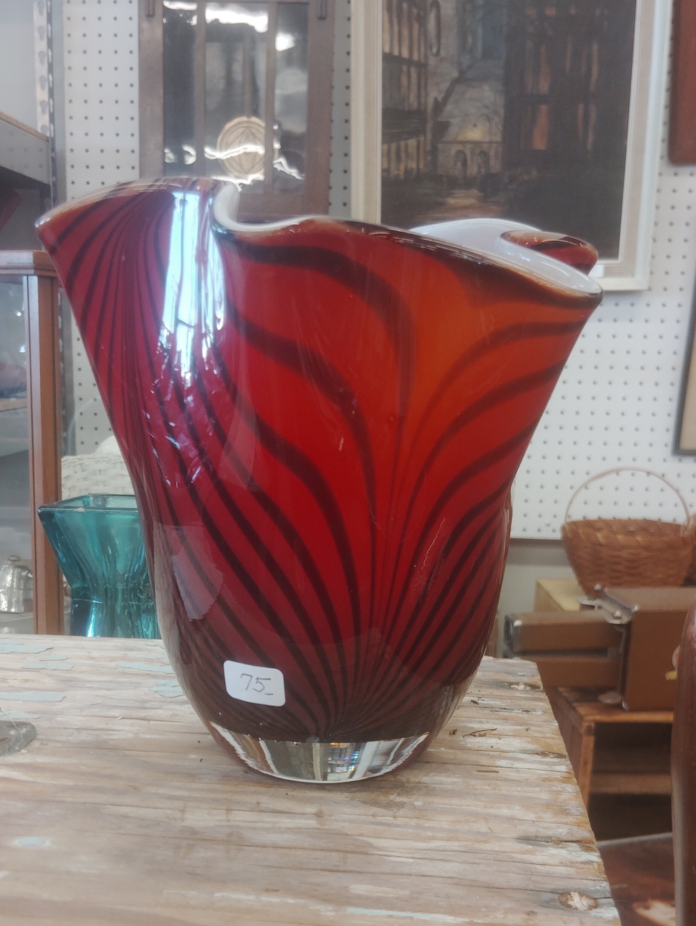 Red Glass Decorative Vase with Black Swirl Accent